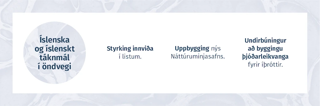 ÍSLENSKA OG ÍSLENSKT TÁKNMÁL Í ÖNDVEGI  -  Styrking innviða í listum. Uppbygging nýs Náttúruminja-safns. Undirbúningur að byggingu þjóðarleikvanga fyrir íþróttir.