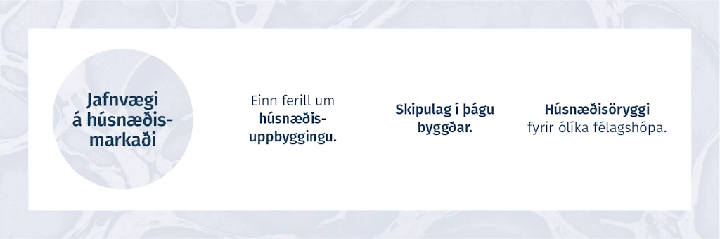 JAFNVÆGI Á HÚSNÆÐIS-MARKAÐI  -  Einn ferill um húsnæðis-uppbyggingu. Skipulag í þágu byggðar. Húsnæðisöryggi fyrir ólíka félagshópa.