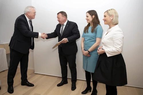 Eiríkur G. Guðmundsson þjóðskjalavörður, Lars Løkke Rasmussen forsætisráðherra Danmerkur, Katrín Jakobsdóttir forsætisráðherra og Lilja Alfreðsdóttir mennta- og menningarmálaráðherra.
