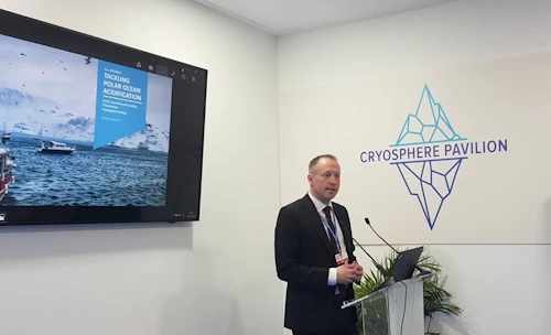 Guðmundur Ingi Guðbrandsson, umhverfis- og auðlindaráðherra, flutti ávarp á sérstökum viðburði Norðurskautsráðsins um súrnun sjávar á Cop25 í dag. 