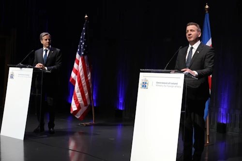 Antony Blinken and Gudlaugur Thór Thórdarsson during their joint press conference today.
