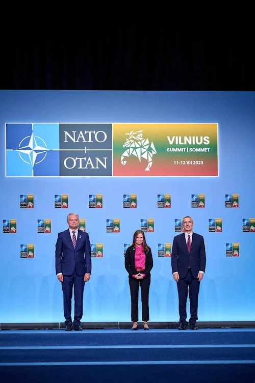 Gitanas Nauseda, forseti Litháens, Katrín Jakobsdóttir forsætisráðherra og Jens Stoltenberg, framkvæmdastjóri Atlantshafsbandalagsins.