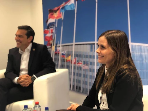 Katrín Jakobsdóttir, forsætisráðherra, á tvíhliðafundi með Alexis Tsipras, forsætisráðherra Grikklands