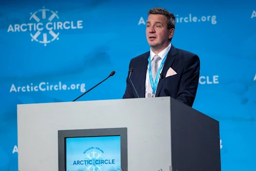 Guðlaugur Thór Thórdarson, Minister for Foreign Affairs and International Development Co-operation, gives a speech at the Arctic Circle.