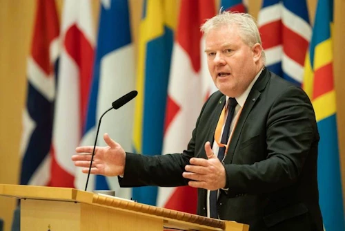 Sigurður Ingi Jóhannsson, samstarfsráðherra Norðurlanda, á fundi Norðurlandaráðs í Stokkhólmi í dag.