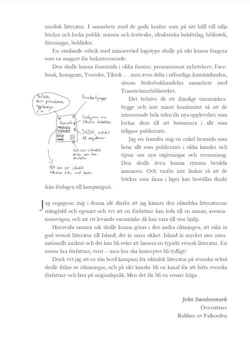 Text av John Swedenmark som diskuterades på ambassadörens mingel under Bokmässan 2023.