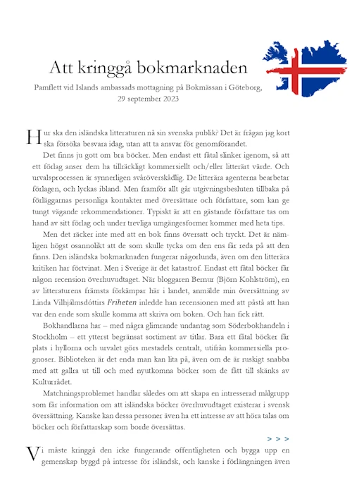 Text av John Swedenmark som diskuterades på ambassadörens mingel under Bokmässan 2023.