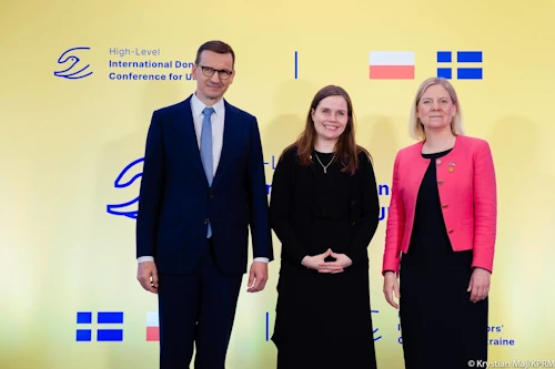 Katrín Jakobsdóttir forsætisráðherra ásamt Mateusz Morawiecki, forsætisráðherra Póllands, og Magdalenu Andersson, forsætisráðherra Svíþjóðar.
