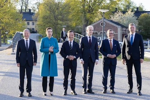 Frá vinstri: Olof Scholz, kanslari Þýskalands, Mette Frederiksen, forsætisráðherra Danmerkur, Ulf Kristersson, forsætisráðherra Svíþjóðar, Jonas Gahr Støre, forsætisráðherra Noregs, Petteri Orpo, forsætisráðherra Finnlands, og Bjarni Benediktsson forsætisráðherra.