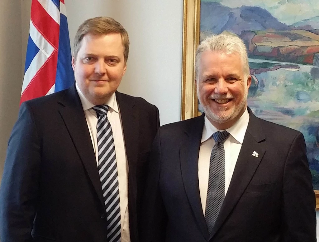 Sigmundur Davíð Gunnlaugsson forsætisráðherra og Philippe Couillard forsætisráðherra Quebecfylkis í Kanada